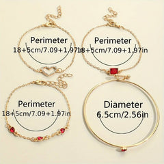 4pcs Rhinestone Alloy Bracelet Set – Minimalist Heart & Square Design