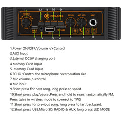 Portable Bluetooth Speaker with Subwoofer Bass, Dual 6.5" LED Woofers and Microphone