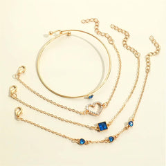 4pcs Rhinestone Alloy Bracelet Set – Minimalist Heart & Square Design