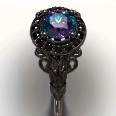 Vintage Gothic Style Synthetic Rainbow Stone Ring with Imitation Black Zirconia